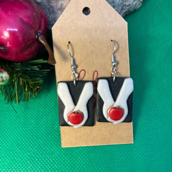 Jewelry - Polymer clay, Book Earrings with red apple accent.